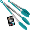 GORILLA GRIP Stainless Steel BPA-Free Kitchen Tongs for Cooking, 9+12 Inch, Heat Resistant BBQ Tong Set of 2, Non Scratch Silicone Tip for Pan, Strong Grip, Grab Food, Toss Salad, Pull Lock, Turquoise