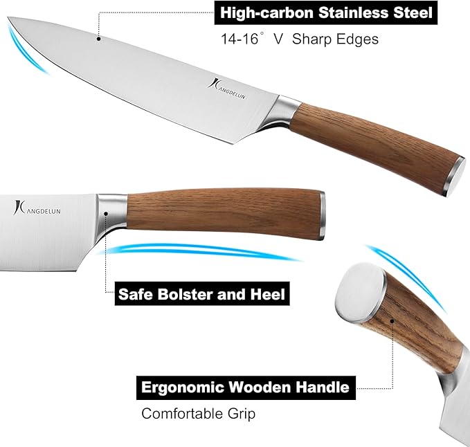 Kangdelun Ultra Sharp 15-Piece Knife Set, 50Cr15MoV High-Carbon Stainless Steel, Torrefied Brown Ash Wood Handles, Angled Dark Brown Wood Block, Easy Hand Wash, Gift Box