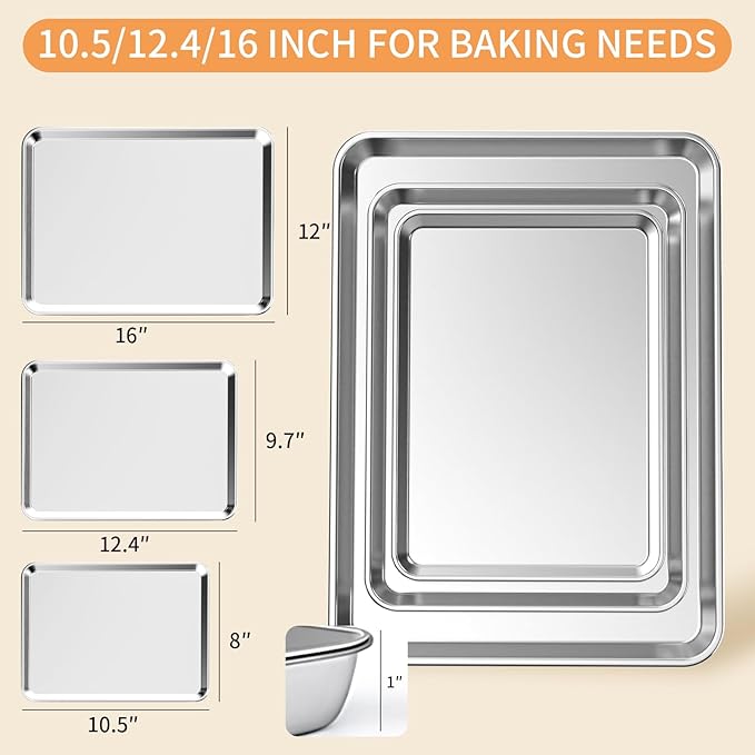 Baking Sheet Set of 3, Stainless Steel Cookie Sheets Baking Sheet Pan, 10.5/12.4/16 Inch, Thicker and Firmer Baking Pans Set, Non-stick, Non toxic & Heavy Duty & Easy Clean, Dishwasher Safe