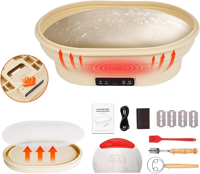XPXKJ Heating Bread Proofing Basket Set Foldable Thermostatic Silicone Bowl with 77-122℉ 6 Gears Temperature & 6H Timer, Baking Sourdough Starter Bread Making Supplies Tools Kit (13.7×10.2×4.3'')