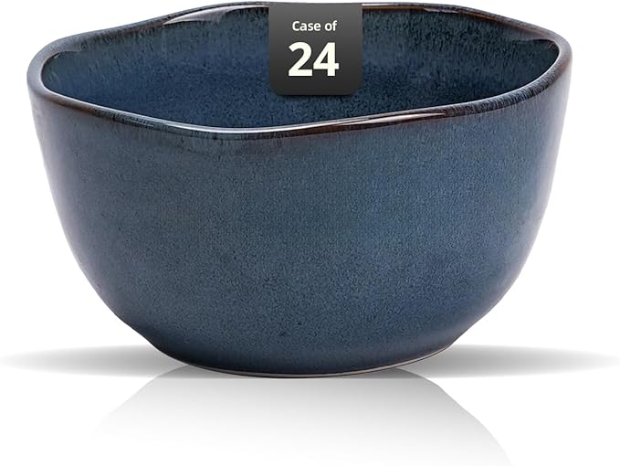 Organic Shape Highland Ceramic Cereal Bowl, 24pcs 5.5 Inch Handmade Reactive Glaze Stoneware Rice bowl with Wavy Edge, for Kitchen, Microwave & Dishwasher Safe, Scratch Resistant-Blue
