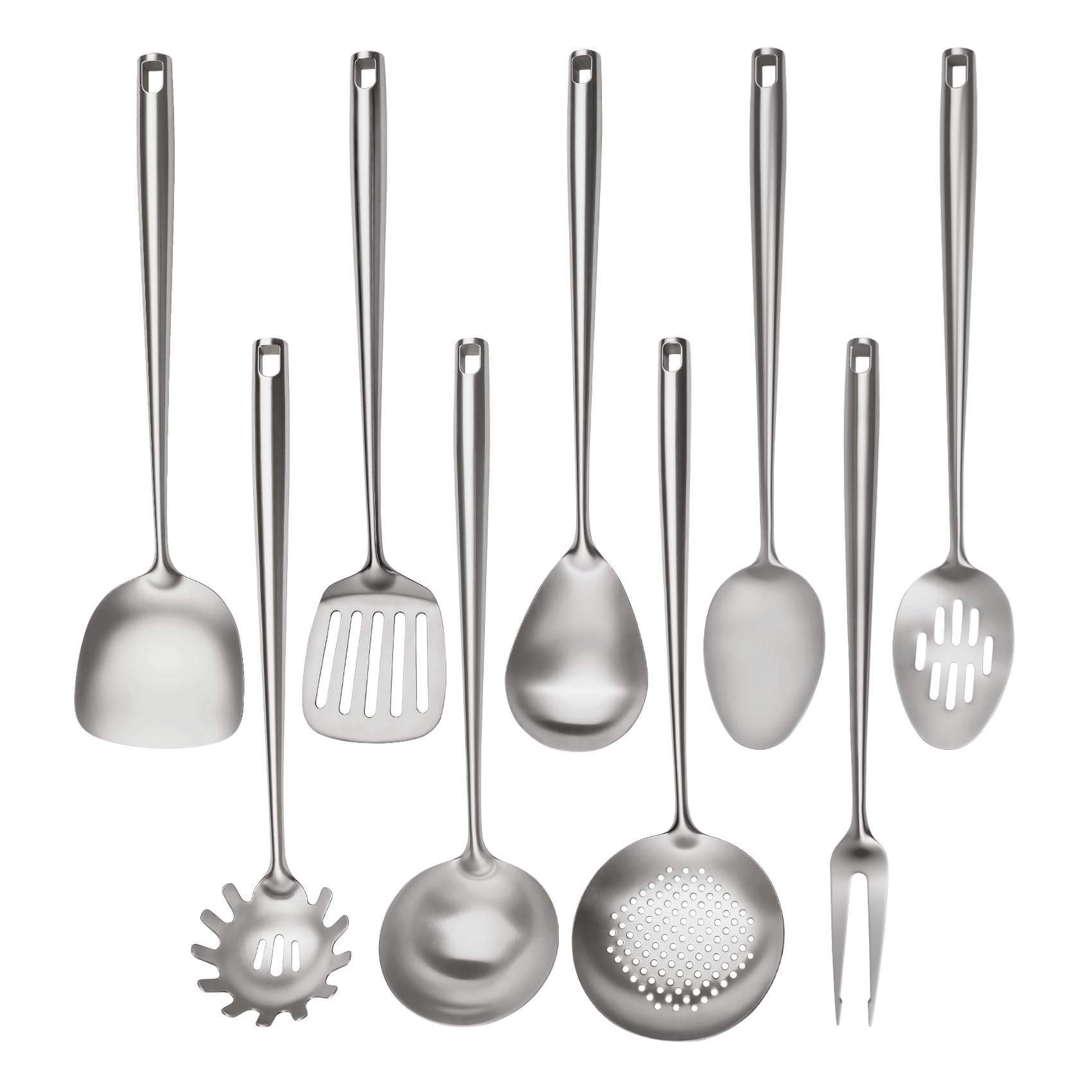 18/10 Stainless Steel Cooking Utensils Set,9 Pcs Professional All Metal Stainless Steel Kitchen Utensils Set with Wok Spatula,Soup Ladle,Skimmer,Slotted Spatula Turner, Large Spoon(Dishwasher Safe)