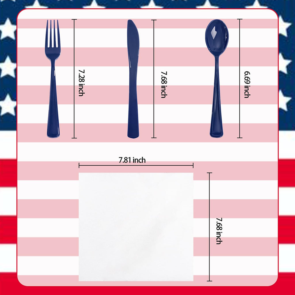 Liacere 100Pack Pre Rolled Blue Silverware and Napkin-Disposable Blue Plastic Utensils-Plastic Cutlery Set with Napkin:100 Forks,100 Knives,100 Spoons,100 Napkins for Wedding&Party&Independence Day