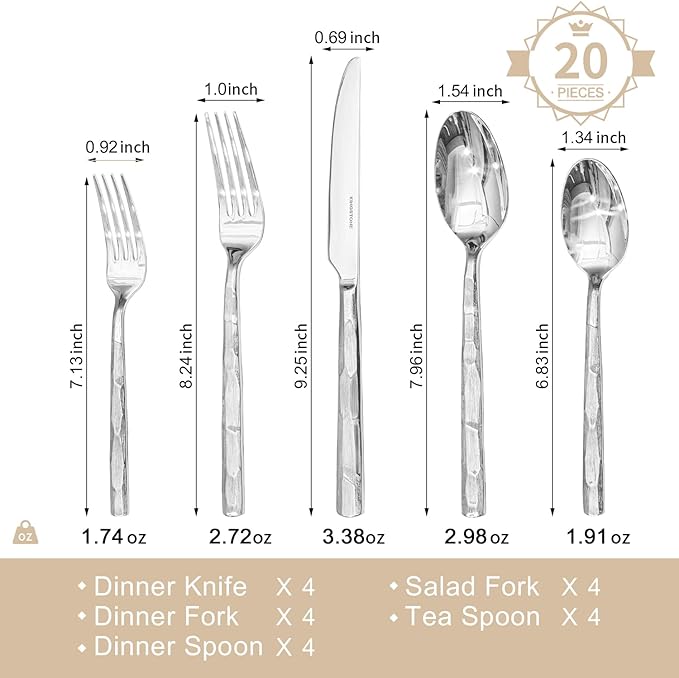 KINGSTONE 20-Piece Silverware Set, 18/10 Stainless Steel Flatware Set for 4