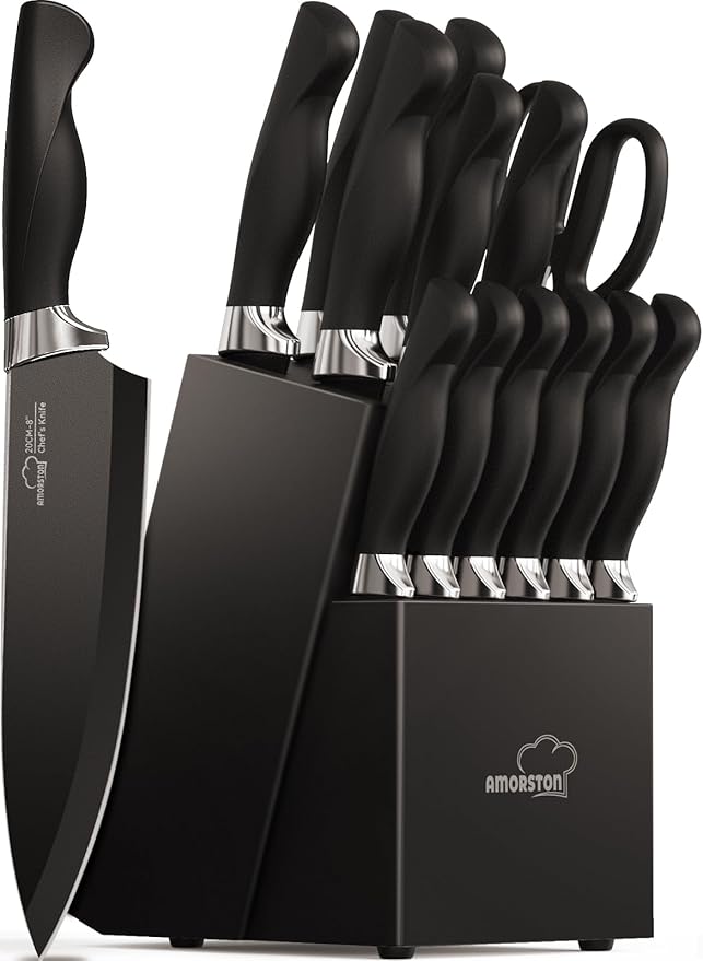 Amorston Knife Set 15 Piece Kitchen Knife Set with Block
