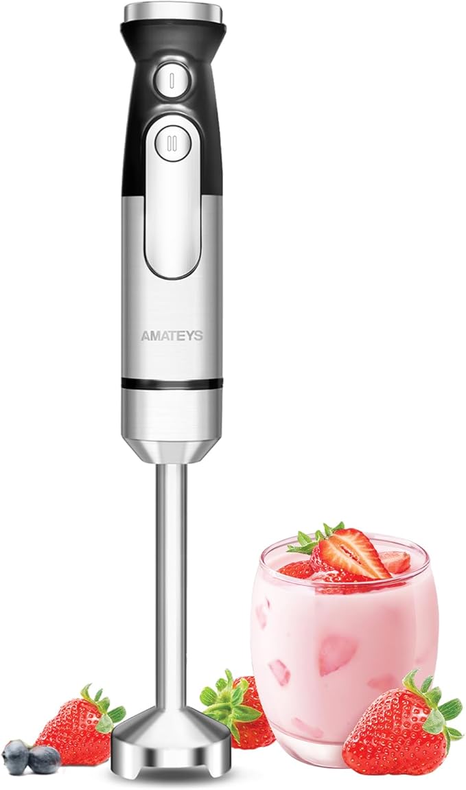 Amateys Handblender with Plug,Immersion Blender Handheld, Heavy-Duty Copper Motor, Detachable Stainless Blade Dishwasher Safe, 2 Modes with Pulse,Infinitely Variable Speed, Space-Saving Design