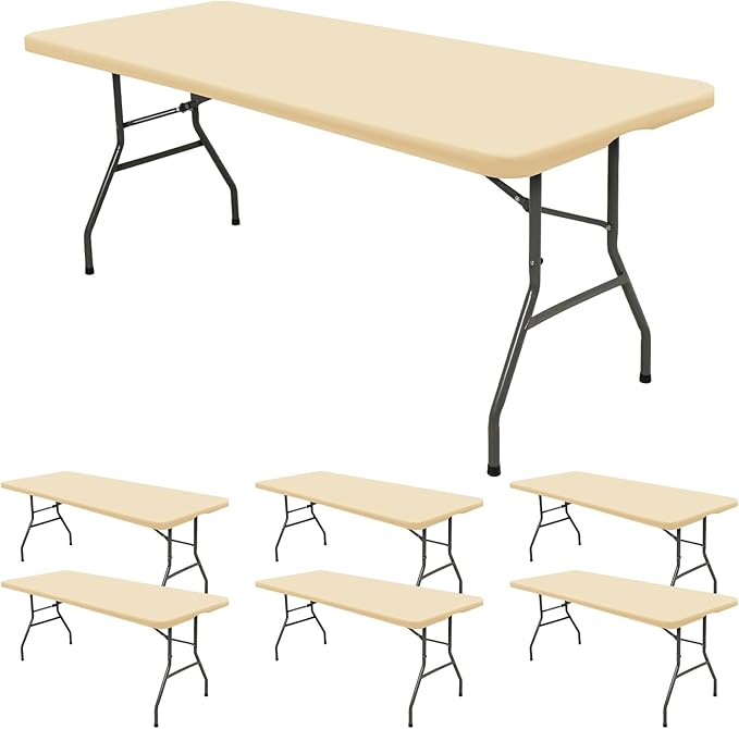 REWOMC 6 Pack Stretch Fabric Table Top Cap Cover, fits 6' Tables, Spandex Table Covers Washable Elastic Rectangle Tablecloth Protector for Indoor Outdoor Party Picnic Wedding, Beige, 30" W x 72" L