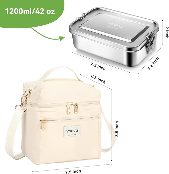 Voova 42 oz Stainless Steel Bento Lunch Box Set with Bag, Beige