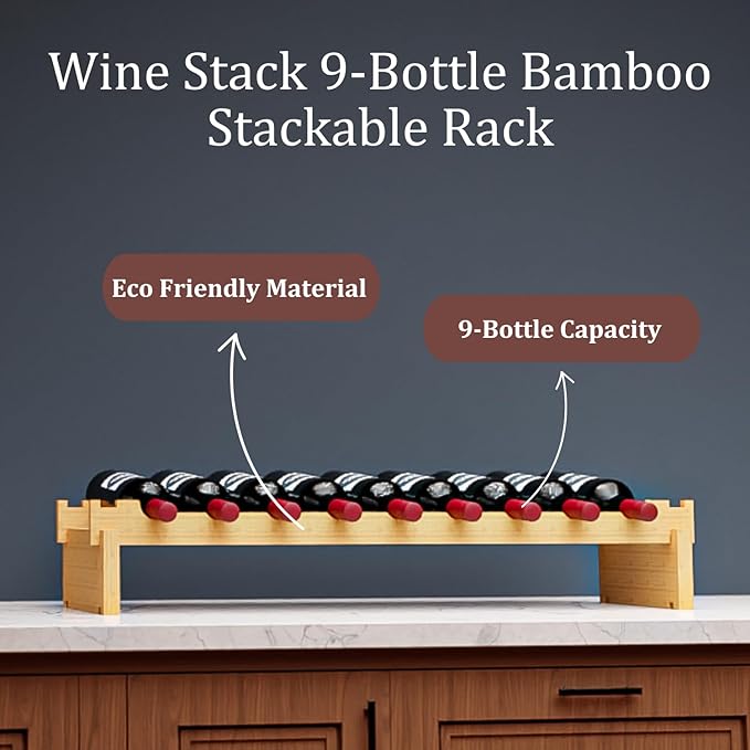 Wine Stack 9 Bottle Bamboo Stackable Small Wine Rack for Countertop, No Tools Assembly, Durable, Wine and Liquor Bottle Storage for Small Spaces