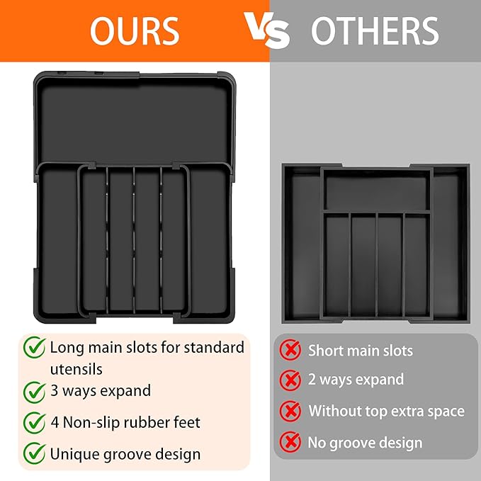 Spaclear Silverware Organizer - Expandable Kitchen Drawer Organizer, Utensil Drawer Organizer, Adjustable Plastic Flatware and Cutlery Holder, Kitchen Organizers Storage for Forks Knives, Black
