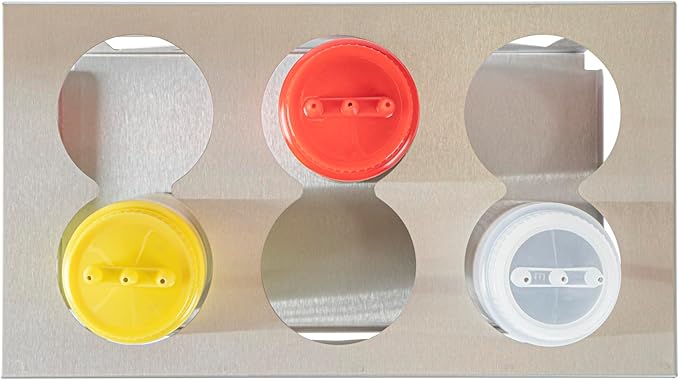 Restaurantware Squeeze Bottle Organizer 1 Count 12.79 x 7.09 x 6.26 Inch Durable Stainless Steel Condiment Dispenser Rack Six Hole Easy-To-Clean Holder Silver Rectangular Design for Commercial Kitchen