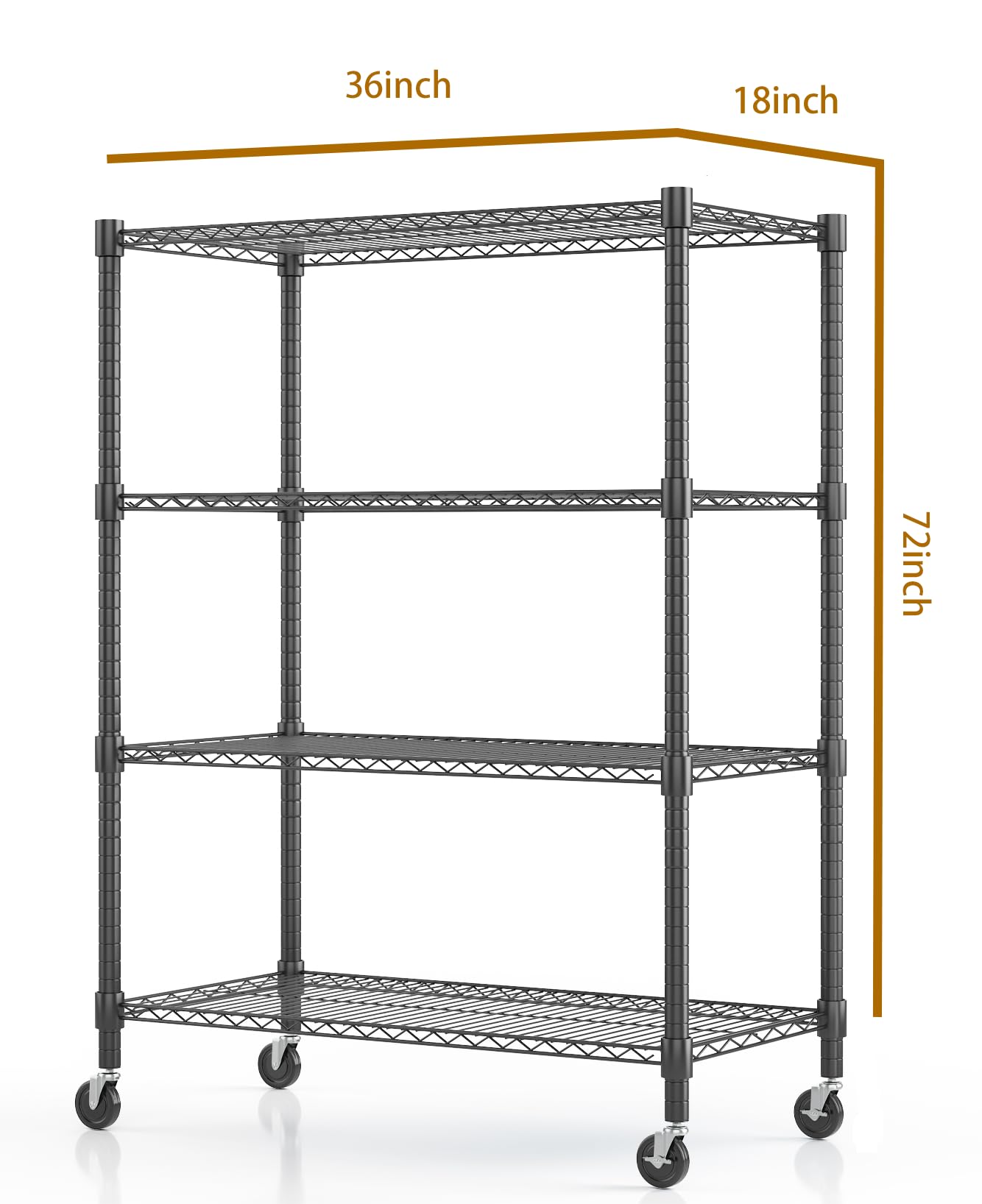 Himimi 18" D×36" W×72" H Storage Shelves with Wheels Metal Wire Shelving Unit 4 Tier Adjustable Shelving Heavy Duty Garage Shelf Organizer Rack Loads 1600LBS，Black