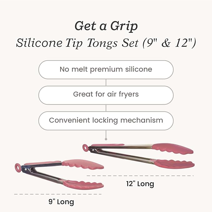 Starpack Get a Grip Silicone Kitchen Tongs (2-Pack, 9" + 12") - LFGB Non Toxic, 600°F Heat Resistant, BPA-Free - Heavy-Duty Stainless Steel, Locking - Dishwasher Safe for Nonstick Cookware