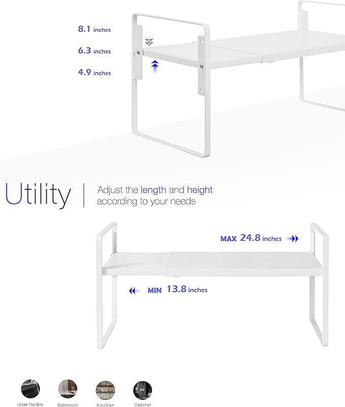 Nxconsu Cabinet Shelf Riser, Adjustable Cabinet Organizer, 8.6" Deep White
