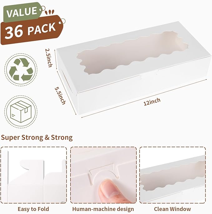 PFAMKEER 36 pcs Cookie Boxes,12x5.5x2.5 Inch Bakery Boxes with Window for Pies Chocolate Strawberries Muffins Donuts Pastry Dessert Christmas(White)