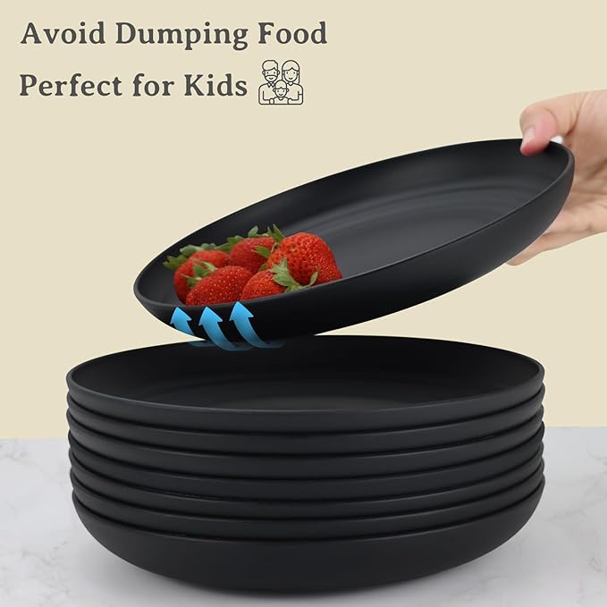 Wrova Wheat Straw Plates - 9 Inch Unbreakable Dinner Plates Set of 8 - Dishwasher & Microwave Safe Plastic Plates Reusable - Lightweight Plate for kitchen,camping (pure black)