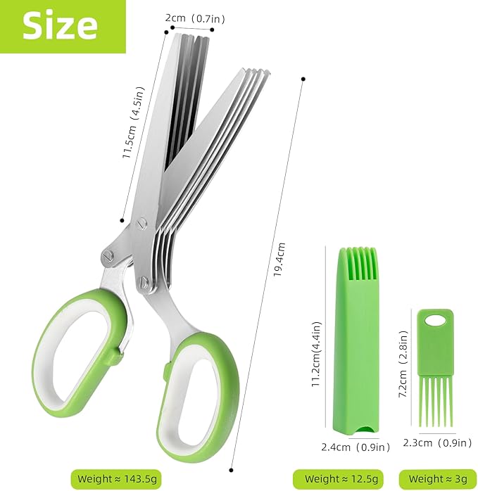 ccraowo 2025 Herb Scissors Set - Classic green 5-Blade Design with Cover and Comb - Skin-Friendly Handle for Comfortable Grip - Dishwasher Safe, Rust-Resistant Stainless Steel for Fresh Herbs