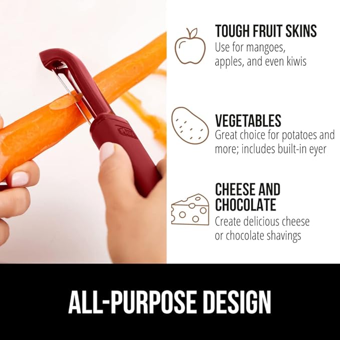 GORILLA GRIP® Patented BPA-Free Vegetable Peeler, Extra Sharp Swivel Stainless Steel Blades with Guard, Comfortable Soft Handle, Easily Peel Carrots or Fruit, Potato Eye Remover, Dishwasher Safe, Red
