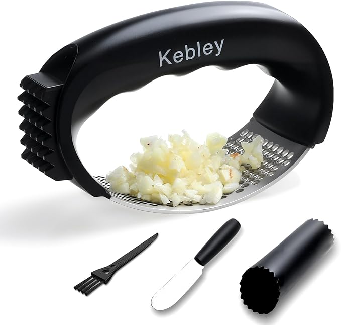 Kebley Garlic Press Rocker Stainless Steel Garlic Crusher, Mincer and Chopper with Peeler and Scraper,brush, Easy Kitchen Gadget for Effortless Smashing