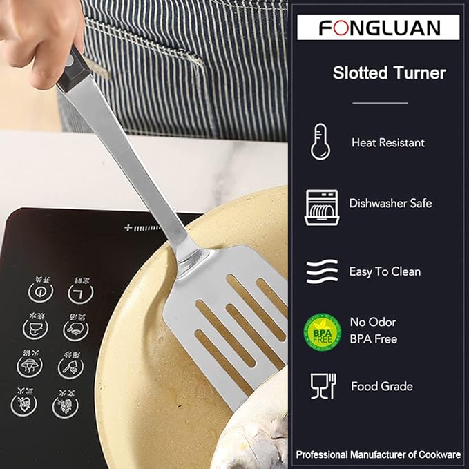 FONGLUAN Stainless Steel Cooking Slotted Turner/Spatula Heat-Resistant POM Handles Heavy Duty Metal Kitchen Spatulas For Cooking & Serving