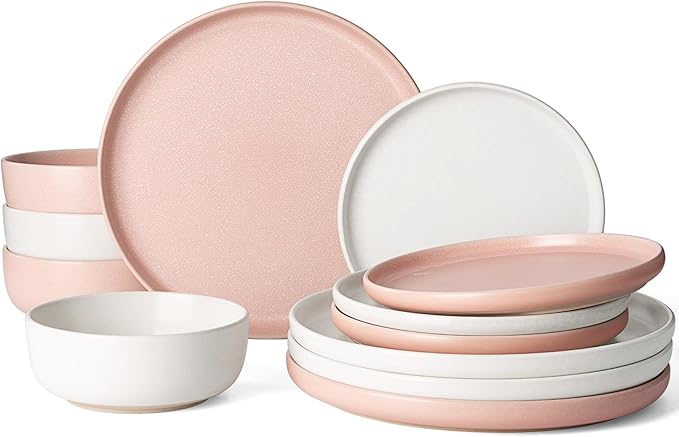 Famiware Milkyway 12-Piece Dinnerware Set, Matte Beige White & Light Pink