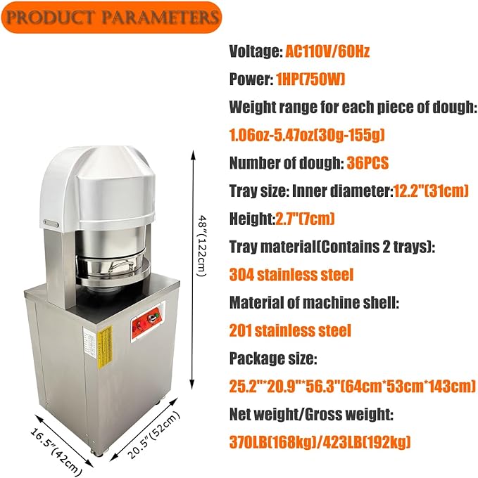 HQHAOTWU Electric Automatic Dough Divider 36pcs, Commercial Dough Dividing Cutting Machine, Stainless Steel Dough Cutter for Bakery, Pizzeria, 110V