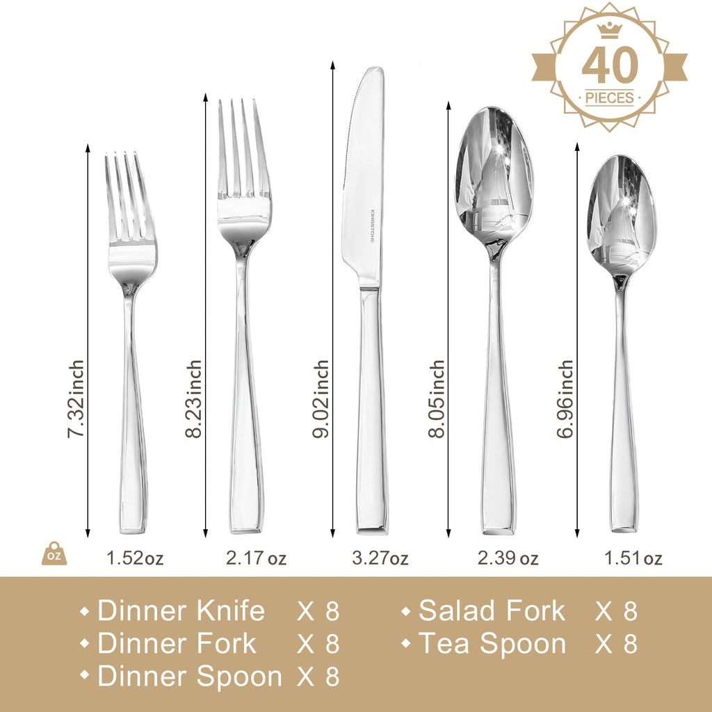 KINGSTONE Mirror Polish Silverware Set for 8, 40-Piece 18/10 Stainless Steel Flatware Set, Dishwasher Safe Cutlery Set for Wedding, Home, Restaurant, Knives Spoons and Forks Set