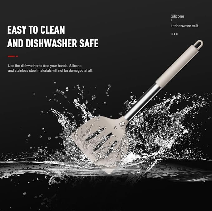 oannao Large Silicone Cooking Utensils Set - Heat Resistant Kitchen Utensils,Turner Tongs,Spatula,Spoon,Brush,Whisk,Stainless Steel Cooking Tool for Nonstick Cookware,Dishwasher Safe (Khaki)