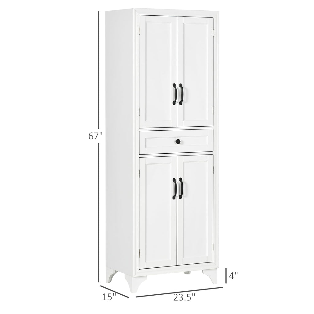 HOMCOM 67" Tall Freestanding Kitchen Pantry Cabinet 4-Door Drawer White