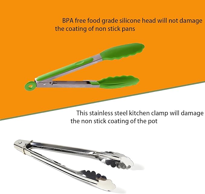 AMZDIAI Kitchen Tongs with Silicone Tips,Tongs for Cooking Heat Resistant 600 Degrees Stainless Steel Locking Tongs,Grass Green Set of 3-7", 9" and 12"