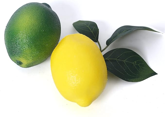 VEOAY Fake Fruit Artificial Lemons 24 Pcs, Faux Lemon Leaves 12 Pcs Lifelike Fake Lemon Decor for Kitchen Table Cabinet Party Plastic Fruits Photography Prop