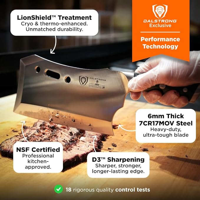 Dalstrong Obliterator 9" Meat Cleaver — 6mm Thick, 2.9 lbs, 7CR17MOV Carbon Steel (60 HRC), Full-Tang G-10 Handle — For BBQ Pitmasters, Home Butchering & Heavy Prep — Wood Stand Included