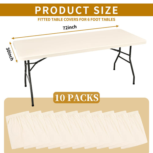 10 Pack Fitted Tablecloth for 6 Foot Rectangle Tables, Ivory Elastic Outdoor Picnic Table Cover, Washable Stretch Folding Table Cloths 6 ft for Camping Party Patio Kitchen Banquet, 30" W x 72" L