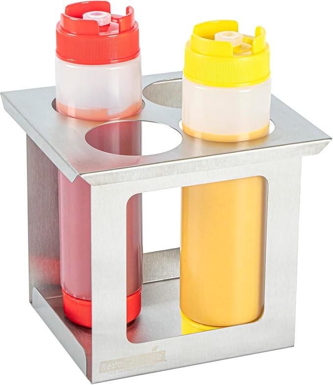 Restaurantware Squeeze Bottle Holder 1 Count 6.30 x 7.01 x 6.26 Inches Stainless Steel Condiment Organizer - Four-Hole Durable Kitchen Rack - Silver Prep Station Organizer