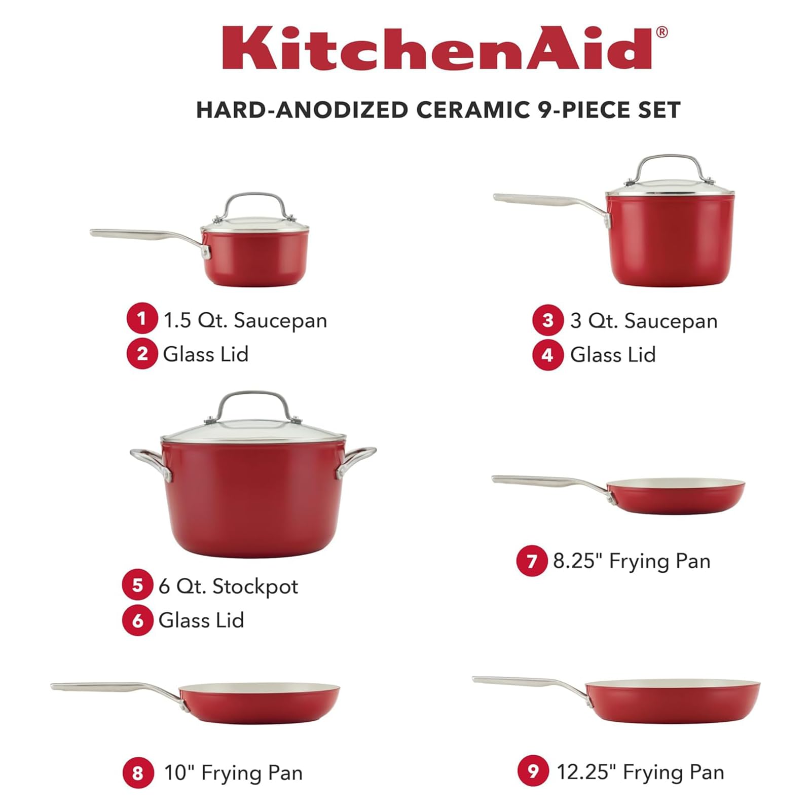 KitchenAid Hard Anodized Ceramic 9-Piece Nonstick Cookware Set – Includes Fry Pans, Saucepan, Stockpot, Durable, Even Heating, Oven Safe to 500°F, Empire Red