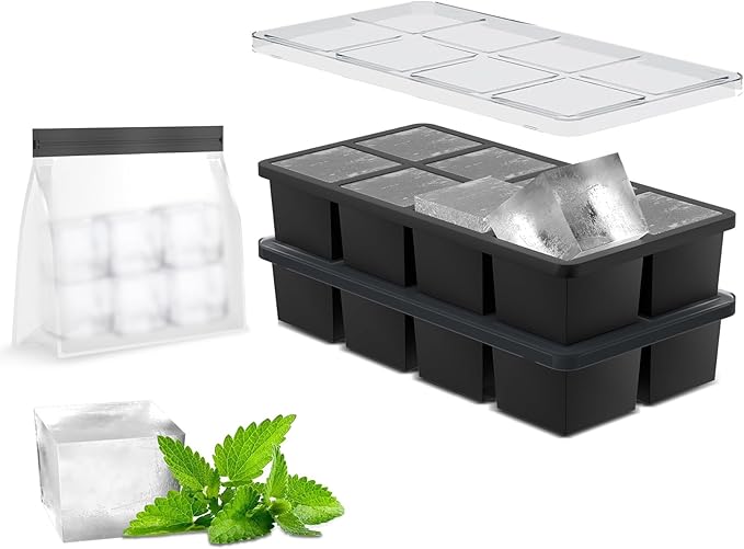 Samuelworld Large Silicone Ice Cube Tray Molds, 3-Pack, Big 2 Inch Cubes - Food Grade, Flexible, 8 Cavity Easy Release Slow Melting Ice for Whiskey, Cocktails, Gifts & Christmas - Black（Ice Bag）