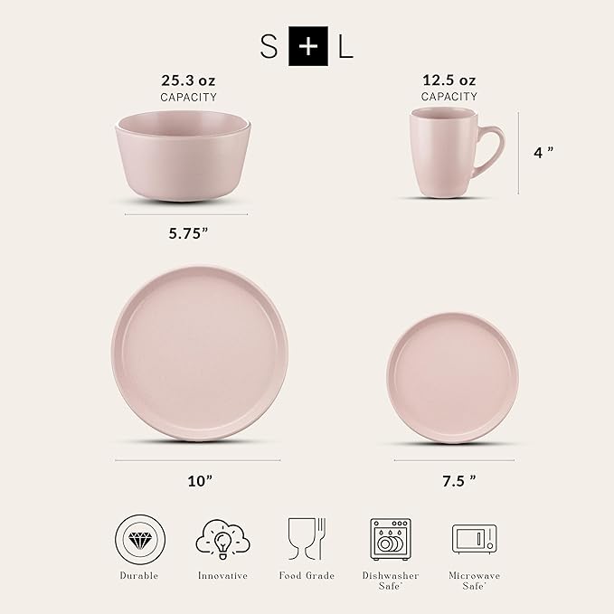 Stone Lain Albie Stoneware 32-Piece Modern Dinnerware Set, Kitchen Plates and Bowls Sets, Service for 8, Pink, Microwave & Dishwasher Safe