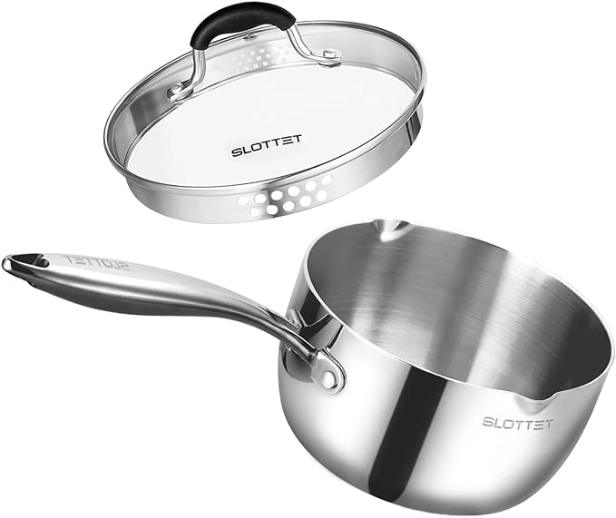 SLOTTET Tri-Ply Whole-Clad Stainless Steel Sauce Pan with Pour Spout,2.5 Quart Small Multipurpose Pasta Pot with Strainer Glass Lid, Saucepan for Cooking with Stay-cool Handle.