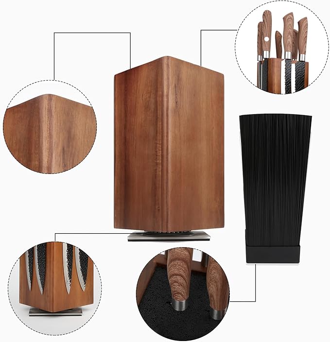 Azauvc Magnetic Knife Block, Rotatable Knife Holder, Wooden Brown, Modern Style, Acacia Material