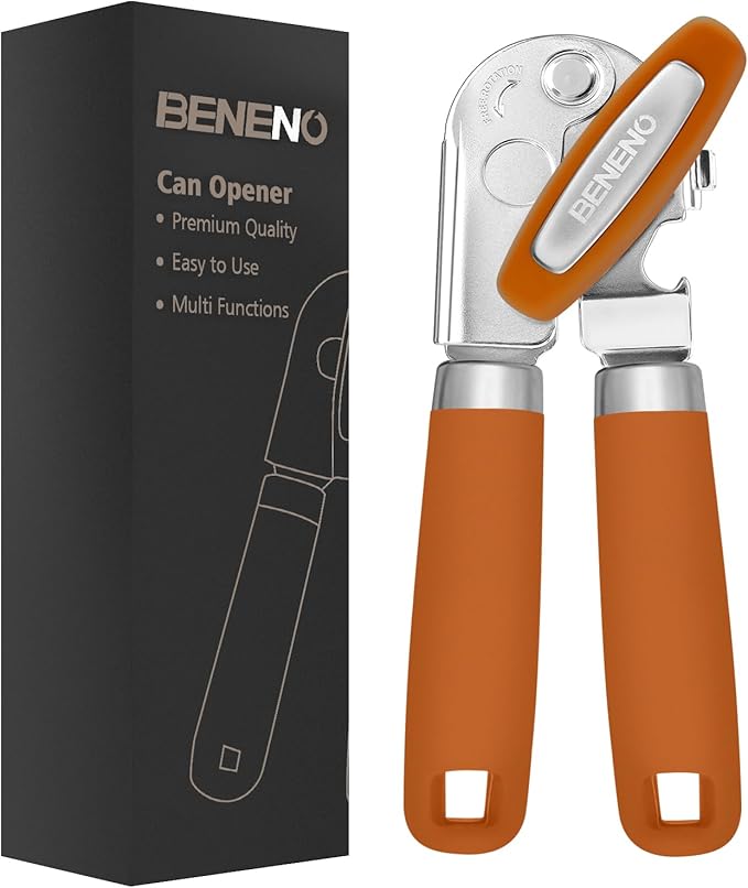 Beneno Heavy Duty Hand Can Opener Manual with Magnet Lid Remover, Orange