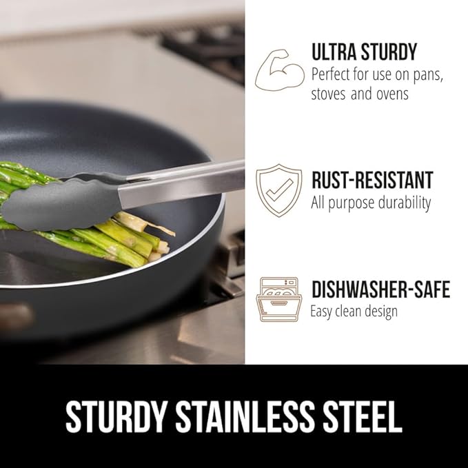 GORILLA GRIP Stainless Steel BPA-Free Kitchen Tongs for Cooking, 9+12 Inch, Heat Resistant BBQ Tong Set of 2, Non Scratch Silicone Tip for Pan, Strong Grip, Grab Food, Toss Salad, Pull Lock, Gray