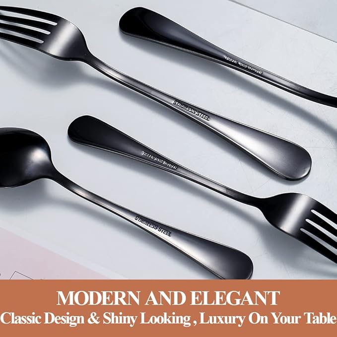 20 Pcs Black Silverware Set for 4, Food Grade Stainless Steel Flatware Set, Eating Utensils Sets Include Fork/Knife/Spoon, Reusable Cutlery Set for Home Kitchen, Dishwasher Safe, Round Edge