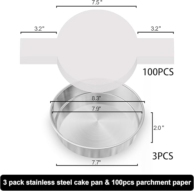 8 Inch Cake Pan, 3PCS Stainless Steel Baking Pans with 100 Parchment Paper