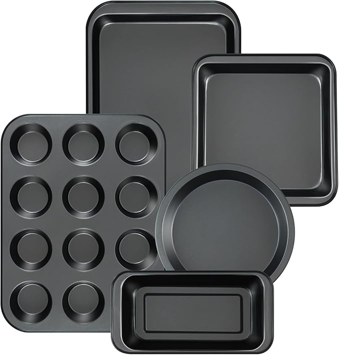 mobzio Kitchen 5-Piece Nonstick Bakeware Set - Round/Square Cake Pans, Muffin Pan, Loaf Pan, Roast Pan & Baking Sheets
