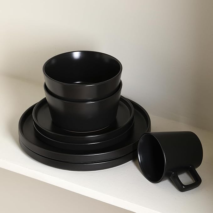 Stone Lain Celina Stoneware 32 Piece Modern Dinnerware Set, Plates and Bowls, Black Matte, Service for 8, Microwave & Dishwasher Safe