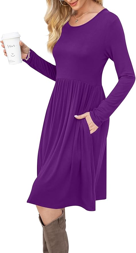 DB MOON Women Casual Long Sleeve Dresses Empire Waist Loose Dress with Pockets (Purple, XL)