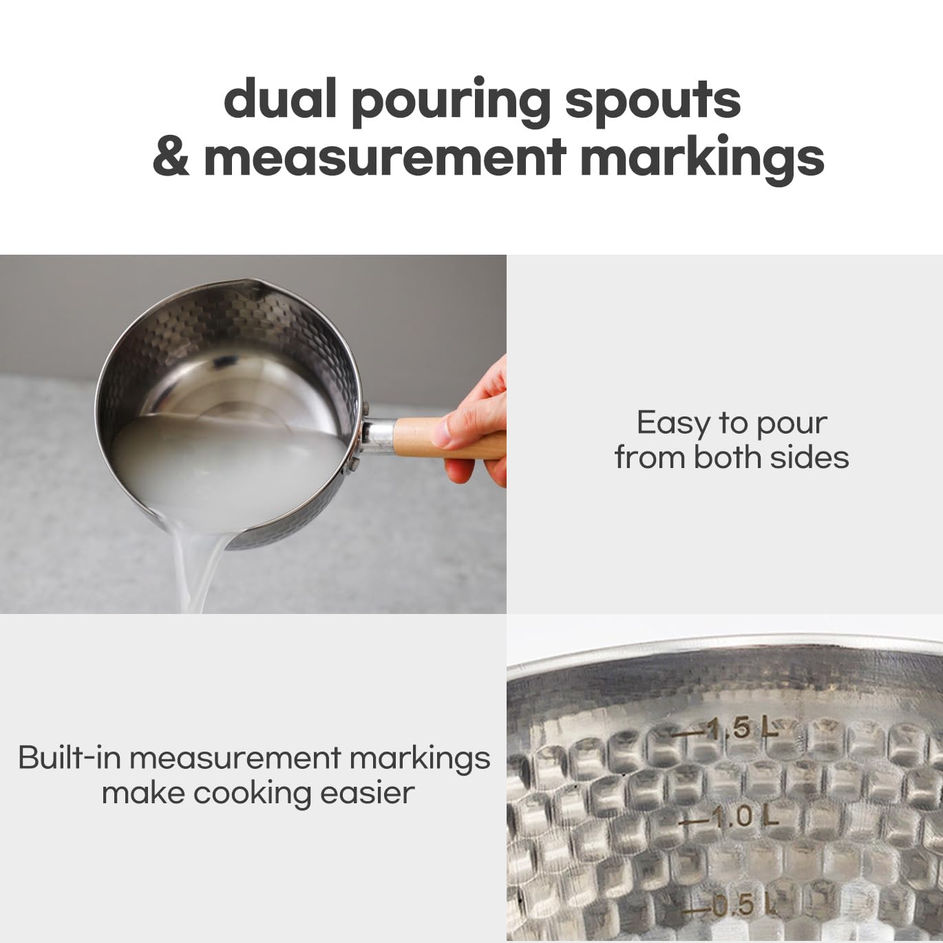 SISEM 1.5 Quart Stainless Steel Pot With Glass Lid. Traditional Japanese Saucepan Wth Wood Handle, Multipurpose Sauce Pan With Two Side Pour Spouts & Measurement Line, Great for Ramen, Milk etc.