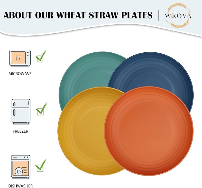 Wrova Wheat Straw Plates - 9 Inch Unbreakable Dinner Plates Set of 8 - Dishwasher & Microwave Safe Plastic Plates Reusable - Lightweight Plates for kitchen,camping (Colorful Series)