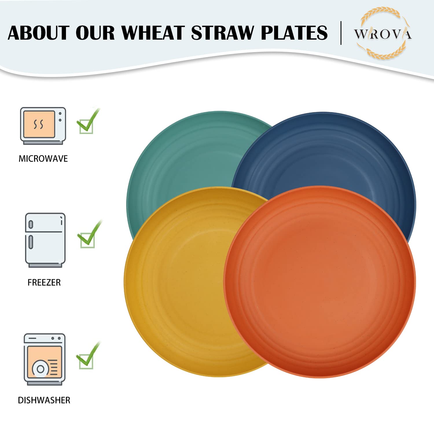 Wrova Wheat Straw Plates - 8 Inch Unbreakable Dinner Plates Set of 8 - Dishwasher & Microwave Safe Plastic Plates Reusable - Lightweight Plate for kitchen,R.V. (Colorful Series)