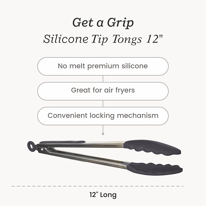 Starpack Get a Grip Silicone Kitchen Tongs (12 Inch) - LFGB Non Toxic, 600°F Heat Resistant, BPA-Free - Heavy-Duty Stainless Steel, Locking - Dishwasher Safe for Nonstick Cookware